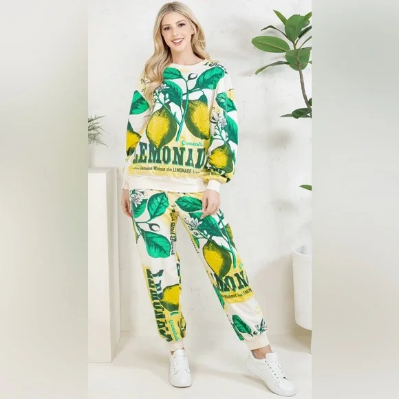 V3. ❤️NEW Retro Vintage Lemon Print Sweatshirt Jogger Set 100% Cotton Flour Sack - Picture 2 of 7